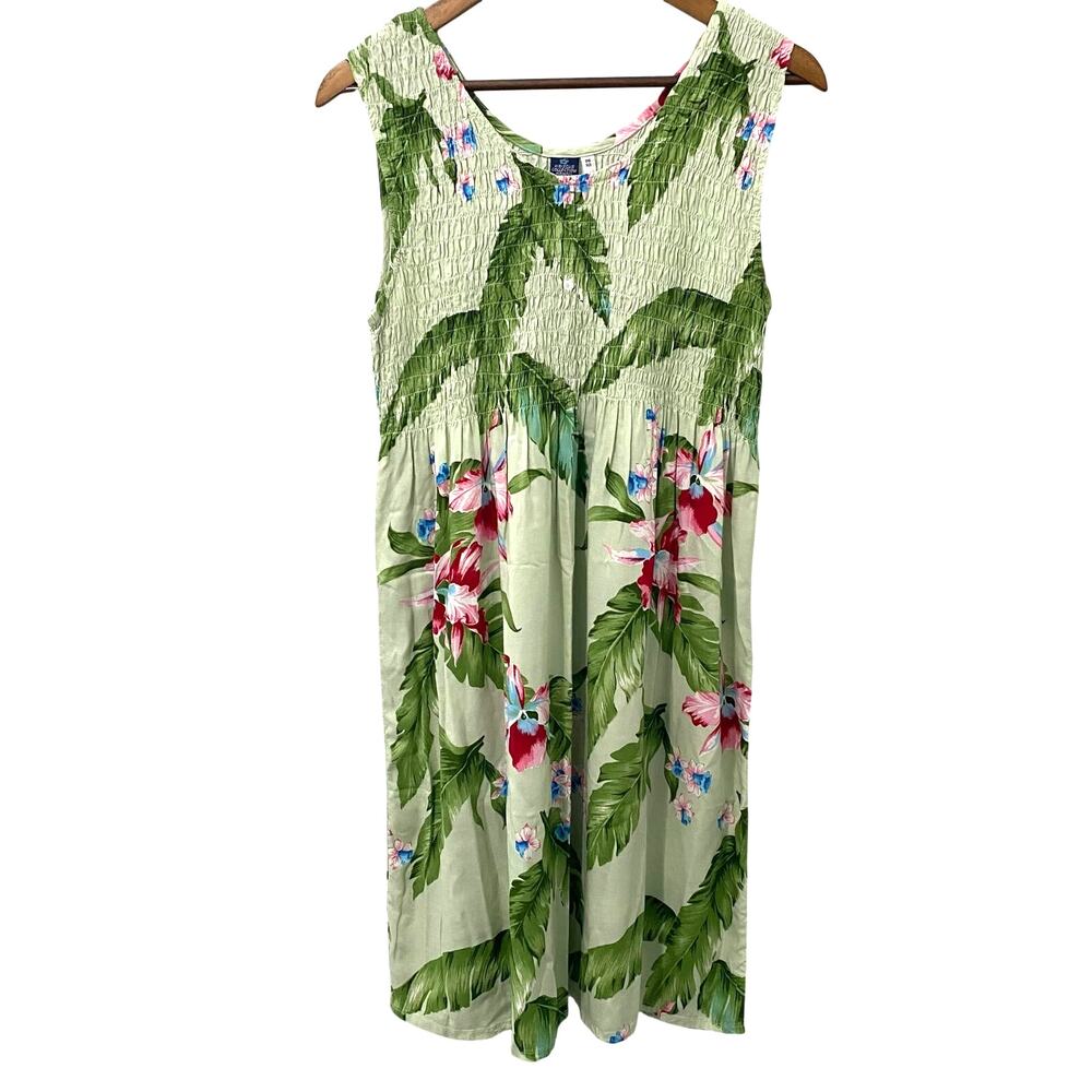 Hibiscus Collection Hawaii Smocked Sundress One Size Floral Tropical Green Pink
